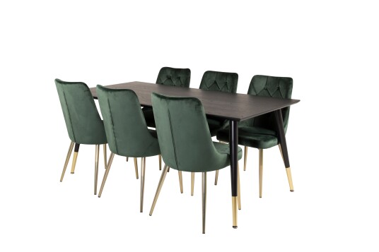 Venture Home Dipp Spisegruppe 180 cm Rektangulær med 6 Velvet Stoler   Sort/Guld