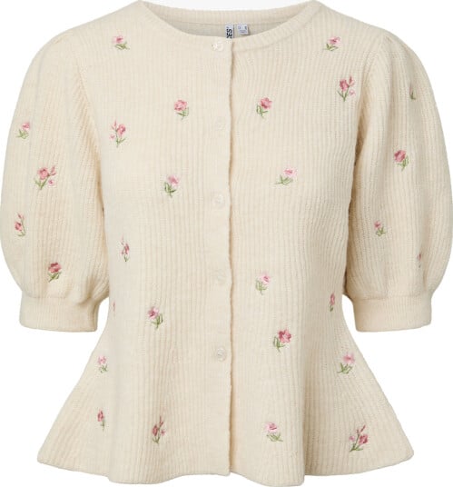 Pieces Silly Short Sleeve Puff Embroidered Knit Cardigan Beige S