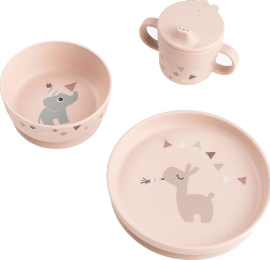 Done by Deer Foodie Dinner Set W/Suction Celebration Powder   Pink   PLATE:Ø 18X H 3CM.BOWL:Ø 12.5X H 5.5CM.CUP:Ø 8X H 9CM
