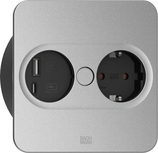 Bachmann TWIST 2 Innbyggingsuttak - 1x CEE7/3, 1x USB A/C, 22W, 0,2 m, Firkantet - Sølv