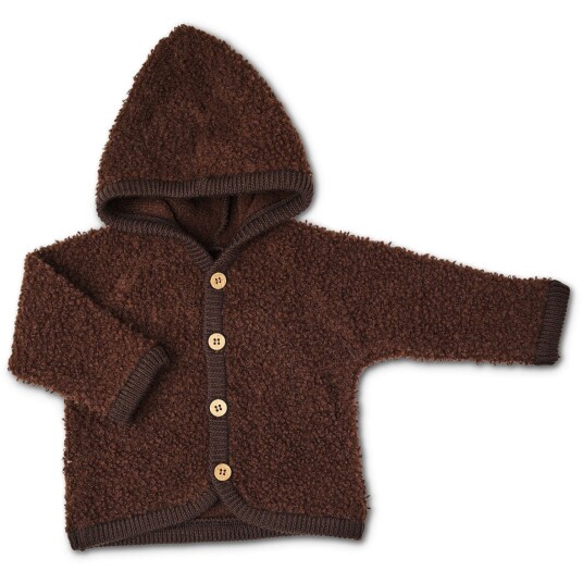 Smallstuff Brown Cardigan Bouclé merinoull med knapper og hette 68-74