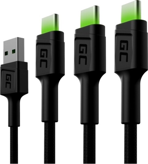 Green Cell Gc Ray Usb-Kabel Usb Hann Til Usb-C Hann Grønn Led-Belysning 1.2 M Svart En Pakke 3