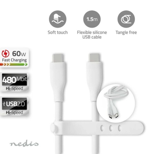 Nedis USB-kabel | USB 2.0 | USB-C™ Hann | USB-C™ Hann | 60 W | 480 Mbps | Nikkel belagt | 1.50 m | Rund | Silikon | Hvit | Boks Nedis USB-kabel | USB 2.0 | USB-C™ Hann | USB-C™ Hann | 60 W | 480 Mbps | Nikkel belagt | 1.50 m | Rund | Silikon | Hvit | Boks