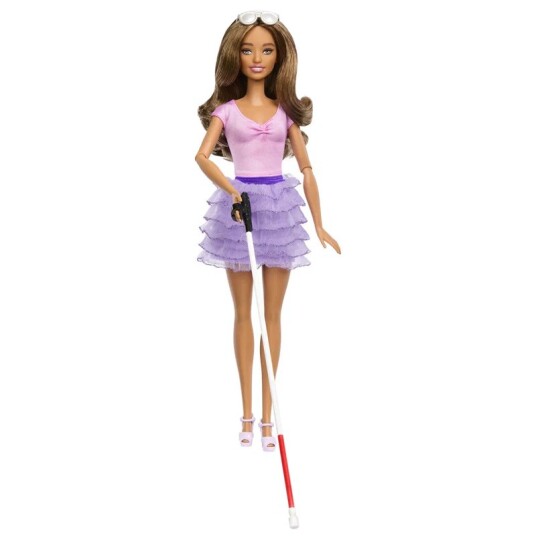 Barbie Fashionistas #228 dukke med blindestokk med lilla skjørt og rosa topp