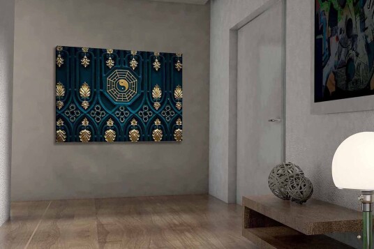 Lerretsbilde 70x100 cm Abstrakt design med yin yang symbolet og dekorative elementer i gull og blått Mørk blå / Gull