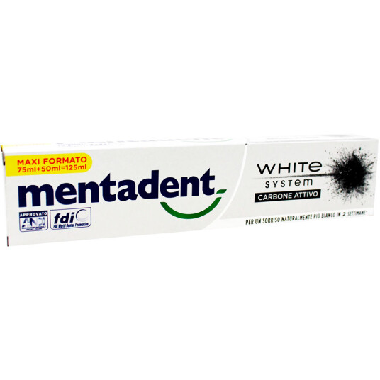 Whitening Tannkrem MENTADENT White System Charcoal 125 ml. Whitening Tannkrem MENTADENT White System Charcoal 125 ml.