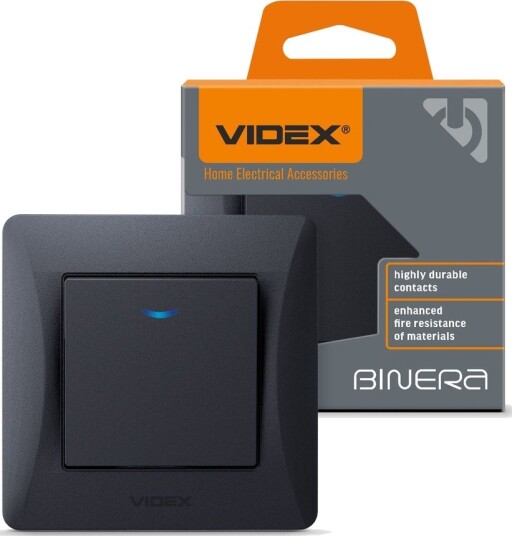 Videx 1-kanals bryter med indikatorlys - 86x86mm, IP20, sort