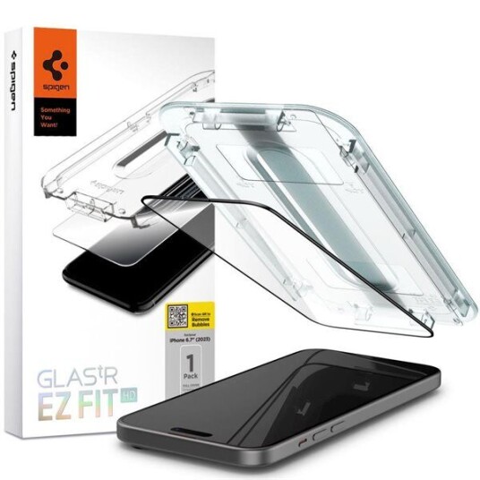 Spigen Glas tR EZ Fit Skjermbeskytter til iPhone 15 - Sort Spigen Glas tR EZ Fit Skjermbeskytter til iPhone 15 - Sort