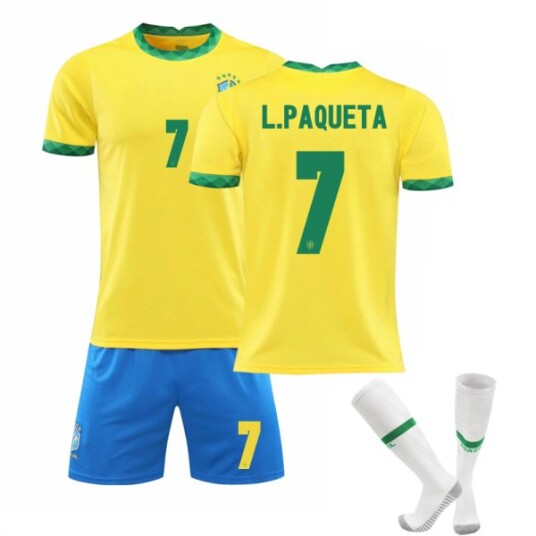 Brasil Hjemme Gul Skjorte Sett Barn Voksne Fotballdrakt Treningsskjorte Nr.7 L.PAQUETA No.7 L.PAQUETA 28