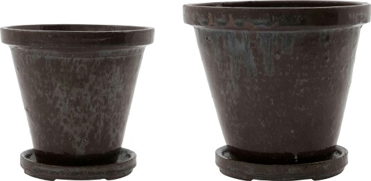 House Doctor Flower pot with tray 2 pack H12xØ13,5/H14xØ16 Brown