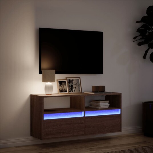 Vegghengt TV-benk med LED brun eik 100x31x45 cm 852340