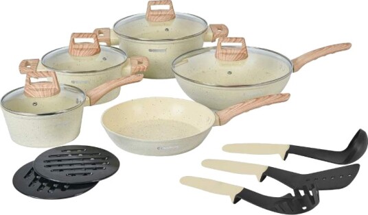 Granitt kokekarsett 14 deler non stick trehåndtak Granitt kokekarsett 14 deler non stick trehåndtak