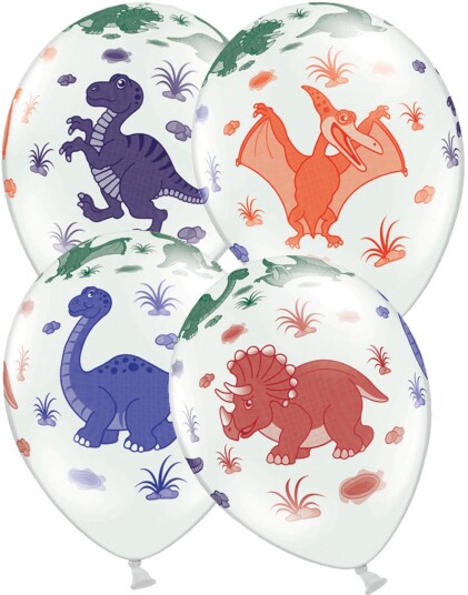 Partydeco 6 stk 30 cm Hvite Ballonger med Dinosaurmotiv