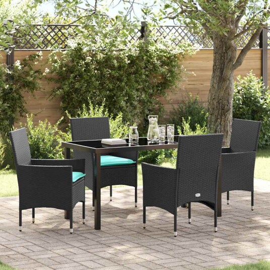 vidaXL Bord og stolsett med pute 5 pcs Svart PE Rattan