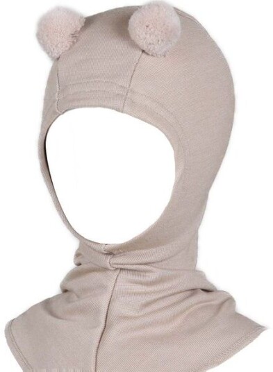Kivat balaclava i ullsilke med dusker Latte 0 3 mnd
