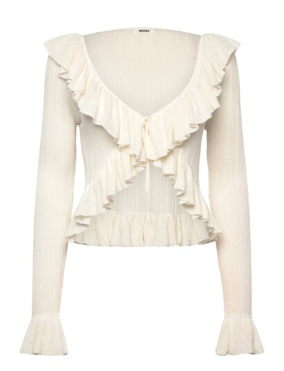 Monki Frilled Knitted V Neck Cardigan Cream XXS