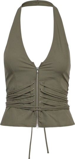 Weekday Tie Waist V Neck Zip Halter Top   Khaki green   40