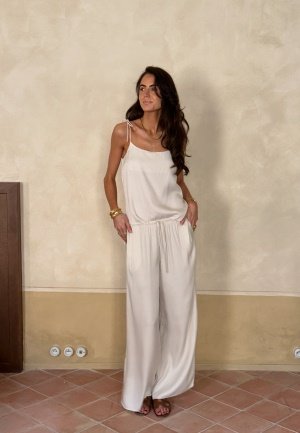 BUBBLEROOM Viscose Satin Trousers Light beige XS
