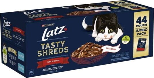 Latz Våtfôr til Katt - Tasty Shreds Farm Selection Multipakke 44x80 g