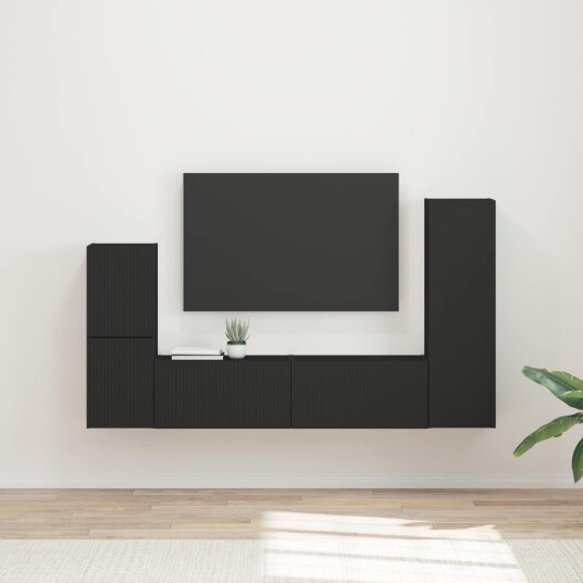 TV benksett Veggmontert 4 pcs Svart Konstruert tre TV benksett Veggmontert 4 pcs Svart Konstruert tre