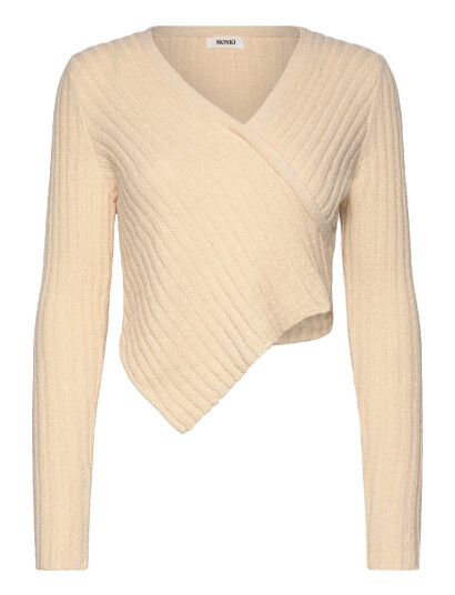 Monki Knitted Wrap-Shaped Asymmetric V-Neck Sweater - Beige - XXS