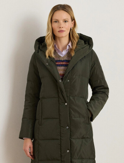 Lauren Ralph Lauren Hooded Channel Quilted Down Puffer Coat Green S