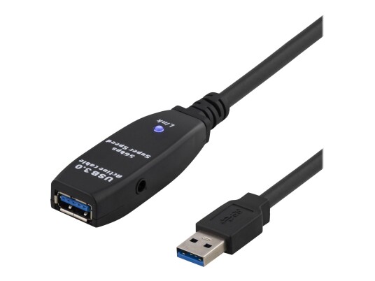 Deltaco USB 3.0 Forlengelseskabel 5 m - Aktiv, Type A (Hunn) til Type A (Hann), Svart