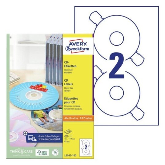 Avery Classic Size Cd-etiketter matt hvit dia 117 modell L6043-100 Avery Classic Size Cd-etiketter matt hvit dia 117 modell L6043-100
