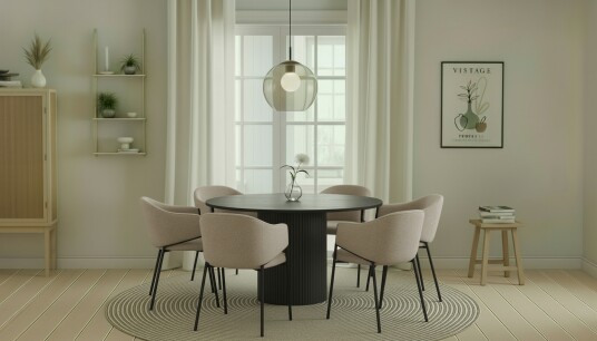 Bark Kopparbo Rundt Spisebord 130 cm med 6 Filip Spisestoler Svart tre / Taupe Bouclé