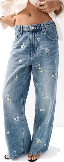 Mango Flower Embroidered Straight Fit Jeans Blue 38 Mango Flower Embroidered Straight Fit Jeans Blue 38