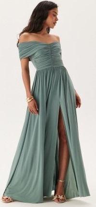 Goddiva Bardot Rouched Maxi Split Dress Dark Sage XXS (UK6)