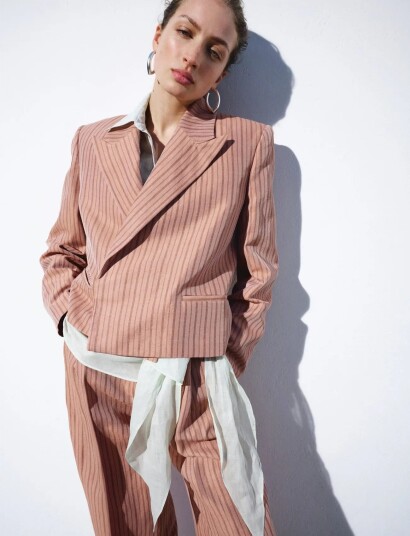 Mango Linen Cropped Striped Blazer Pink L