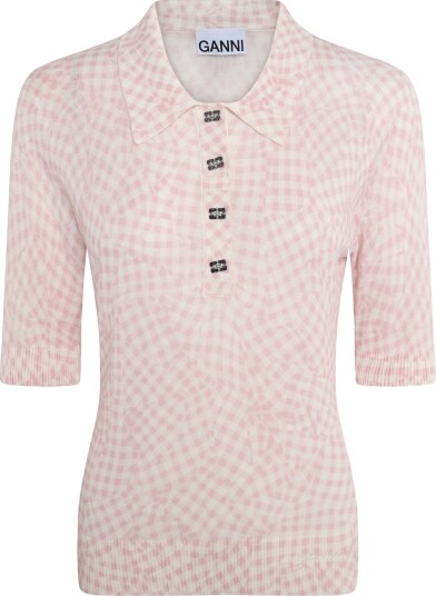 Ganni Sheer Cotton Printed Polo Pink XL