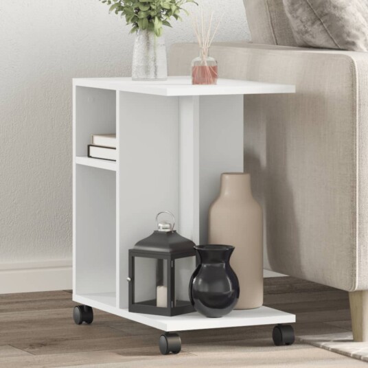 Sidebord med hjul hvit 50x30x55 cm konstruert tre 840569