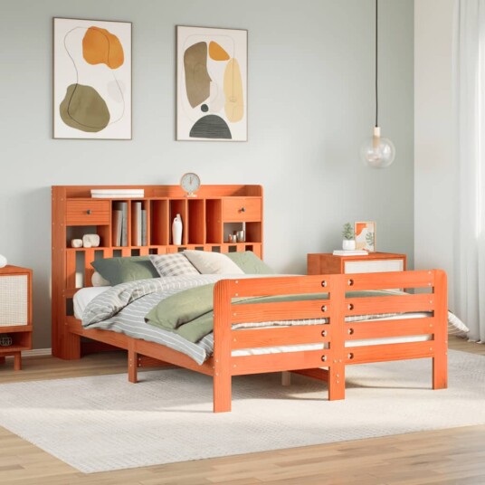 Seng med bokhylle uten madrass voksbrun 140x190 cm heltre furu 8721158411662
