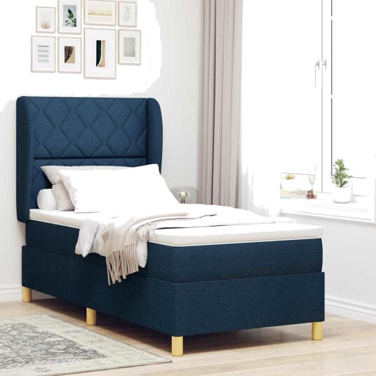 Box Spring Seng med Madrass Blå 90x190 cm Stoff