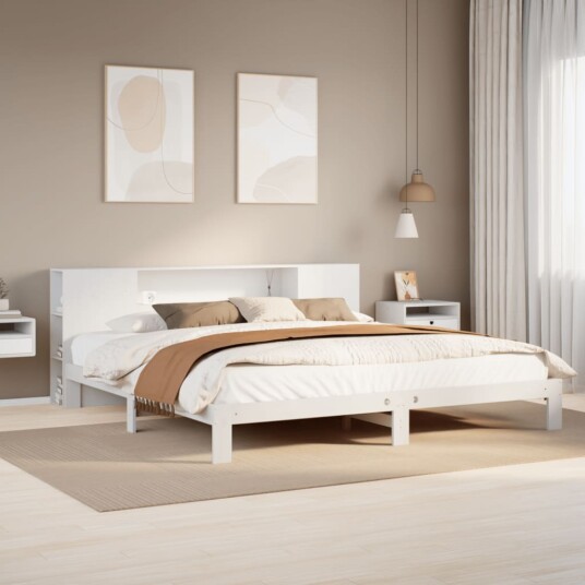 Seng med bokhylle uten madrass hvit 180x200 cm heltre furu 8721158616104