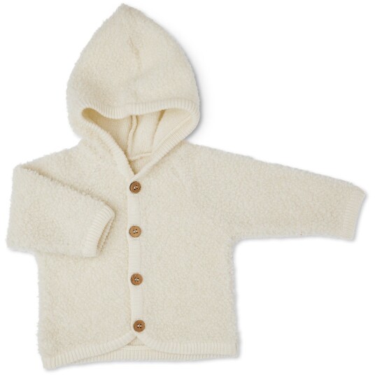 Smallstuff Off White Cardigan Bouclé merinoull med knapper og hette 68-74 Smallstuff Off White Cardigan Bouclé merinoull med knapper og hette 68-74
