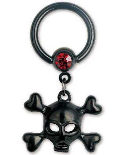 Black PVD BCR Piercing with Skull & Red Stone Strl 1.6 x 10 mm