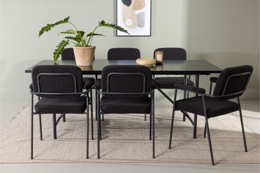 Venture Home Astrid Spisegruppe 200 cm Rektangulær med 6 Yesterday Stoler Sort