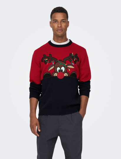 ONLY & SONS Onsxmas Reg Block Crew Knit - Red - XS