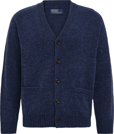 Polo Ralph Lauren Suede Patch Wool Cashmere Cardigan BASALT NAVY HTHR L