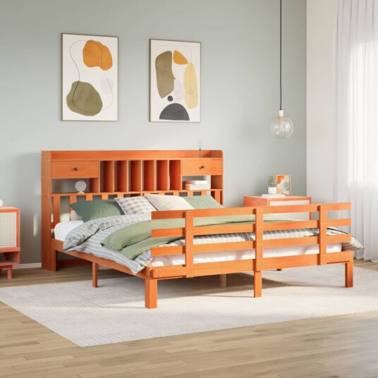 Seng med bokhylle uten madrass voksbrun 180x200 cm heltre furu 8721158616043