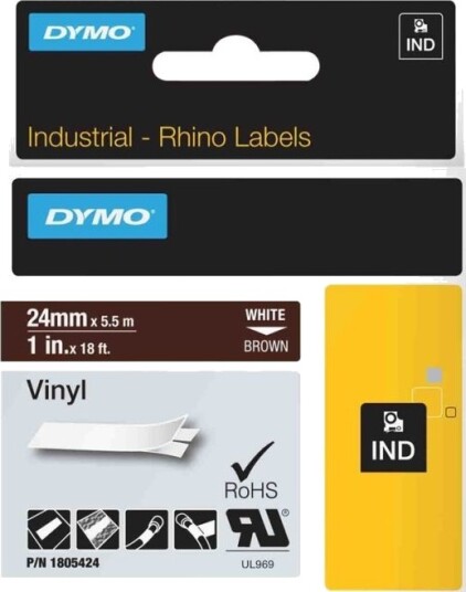 Dymo Originalt Bånd Trykkfarge: Hvit/Bakgrunnsfarge: Brun Dymo 1805424 24Mm X 5,5 M Vinyl Fleksibelt/Sterkt Lim Motstandsdyktig Mot Kjemikalier Vann Og Oljer. Den Tåler Temperaturer Fra  18 Til 90 Grader
