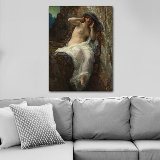 Lerretsbilde 70x100 cm Naken kvinne sittende på en stein med en dramatisk og uttrykksfull positur Beige / Hvit / Mørk grå