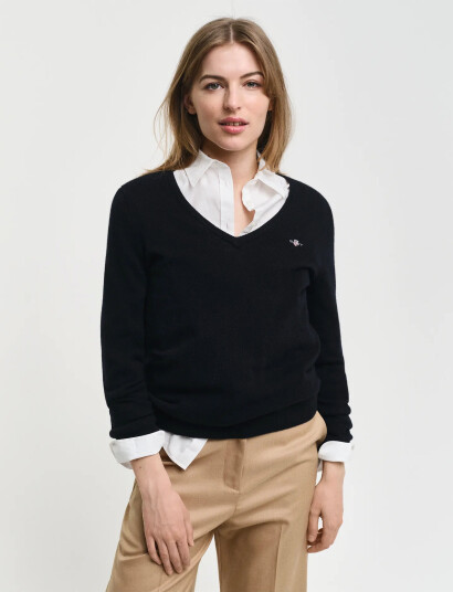 GANT Extrafine Lambswool Blend V-Neck - Black - S