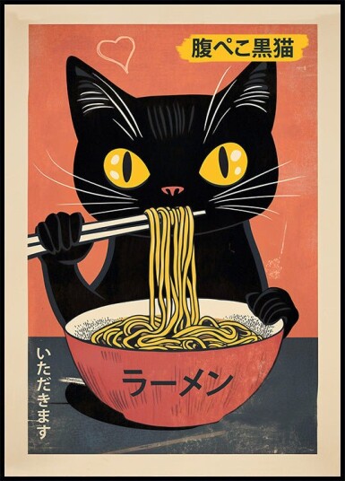 Vintage Black Cat Eating Ramen Plakat Plakat / 70x100cm