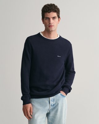 Genser med rund hals i bomullspiqué EVENING BLUE L