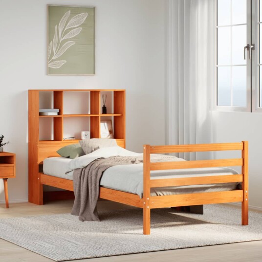 Seng med bokhylle uten madrass voksbrun 90x190 cm heltre 8721158606976