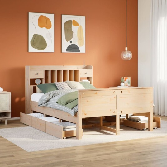 Seng med bokhylle uten madrass 140x190 cm heltre furu 8721158383723